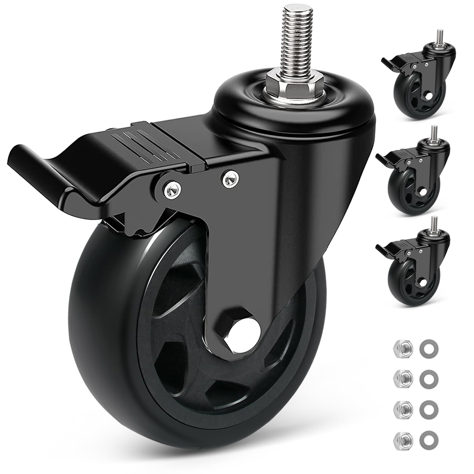 RRIUTO Heavy Duty 125MM Caster Wheels with Brake , Threaded Stem Casters Furniture Casters with M10x30mm Screw Stem, Double Bearing Swivel Castors Wheels , 4 PU Trolley Castor Load Capacity 650kg