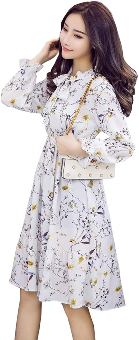 Amazon 花柄ワンピース ドレス レディース 春 秋 シフォン 膝丈 長袖 甘い 可愛い おしゃれ ゆったり 柔らかい ゴムウエスト 着痩せ 普段着 森ガール ヴィンテージ風 蝶結び ホワイト ネイビー S 2ｘｌ ワンピース チュニック 通販
