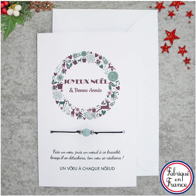 Uvacn Carte De Voeux Joyeux Noel Et Bonne Annee Idee Cadeau Original A Offrir Pour Noel Ou Le Nouvel An Enveloppe Bracelet Porte Bonheur Aigue Marine Fabrique En France Invitations