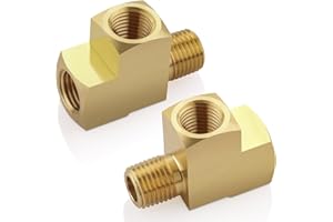 Boeray 2pcs 1/4" Brass Tee Fittings 1/4" NPT Female Pipe to 1/4" NPT Male Pipe to 1/4" NPT Female Brass Barstock Street Tee F