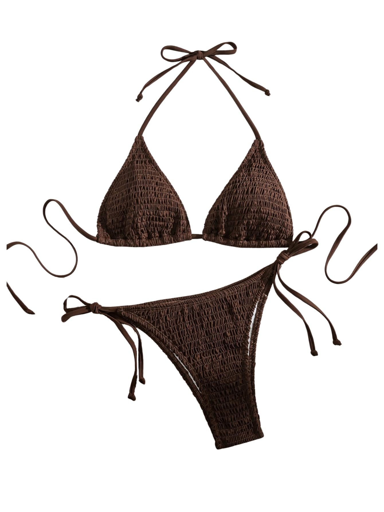 Photo 1 of GORGLITTER Women's Halter Triangle Bikini Set Smocked String High Cut Thong Swimsuit Bathing Suit Beach Fashion 2025 Coffee Brown Small