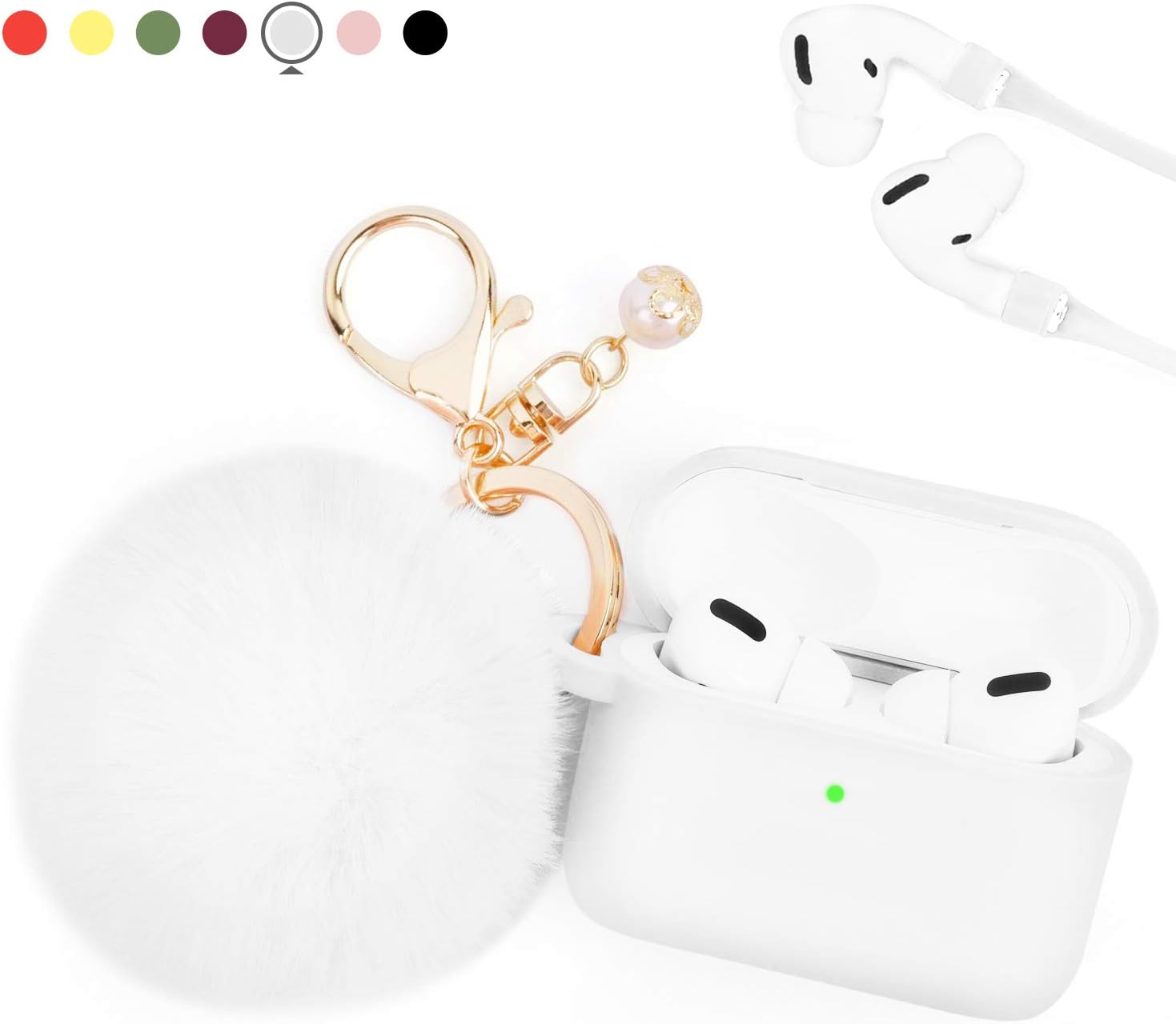 KUMEEK for Airpods Pro Case, Soft Silicone Case with Cute Pom Pom/Keychain/Skin/Strap, Shockproof Slim Protective Cover for AirPods Pro Case,White