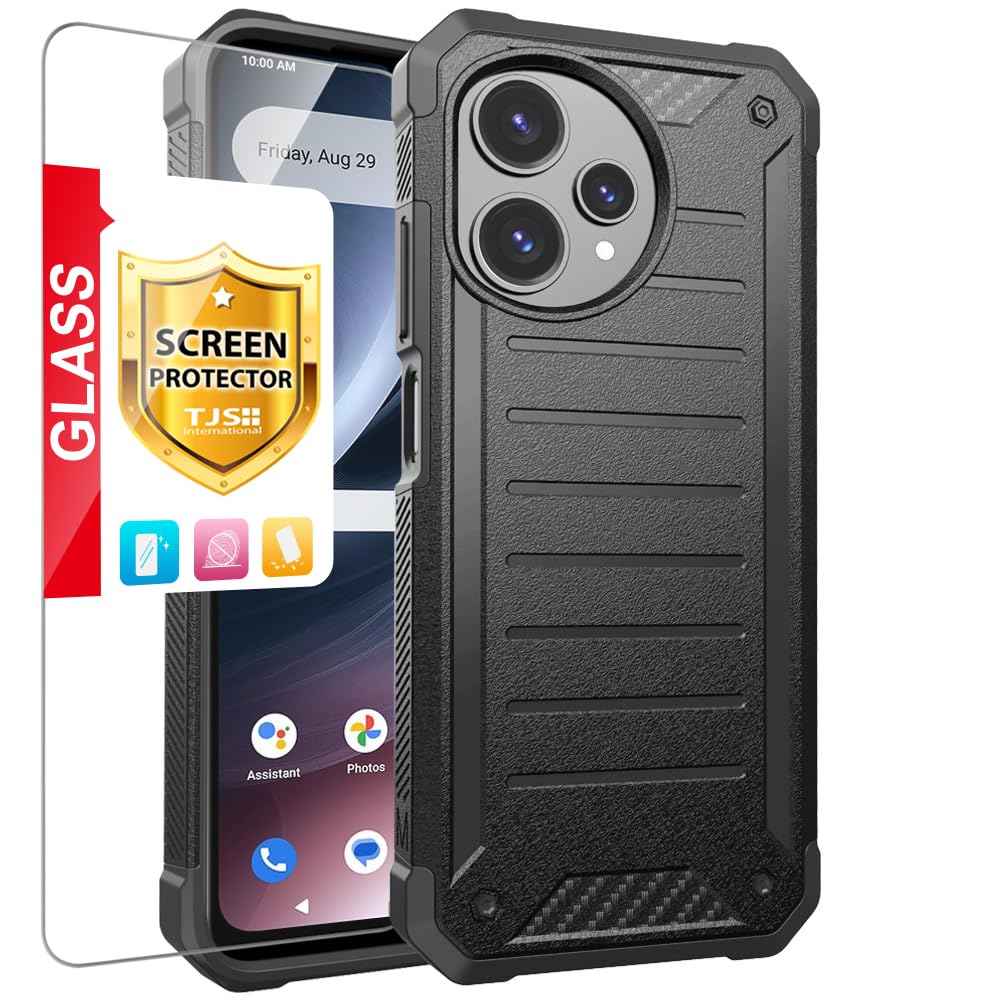 TJS Compatible with Cricket Icon Plus 2026 Case, AT&T Verge 2 5G Case, with Tempered Glass Screen Protector, Dual Layer Premium Tough Lined Design Hybrid Shockproof Heavy Duty Phone Case (Black)