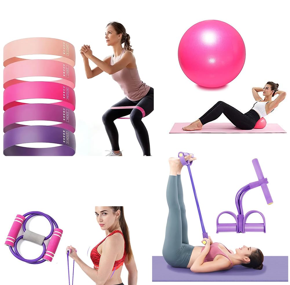 SET 4 PILATES KIT -Resistance Band, 5 BOOTY Bands, YOGA Ball, Sit Up Pull ROPE, Gut Busting BODY TRIMMER, Waist Shaper COLOUR: RANDOM ONLY (PILATES Ball, 5 BOOTY Bands, YOGA Toner, SIT UP Puller)