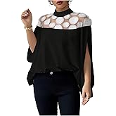 Verdusa Women's Sheer Mesh 3/4 Sleeve Slit Mock Neck Ruffle Loose Blouse Going Out Tops