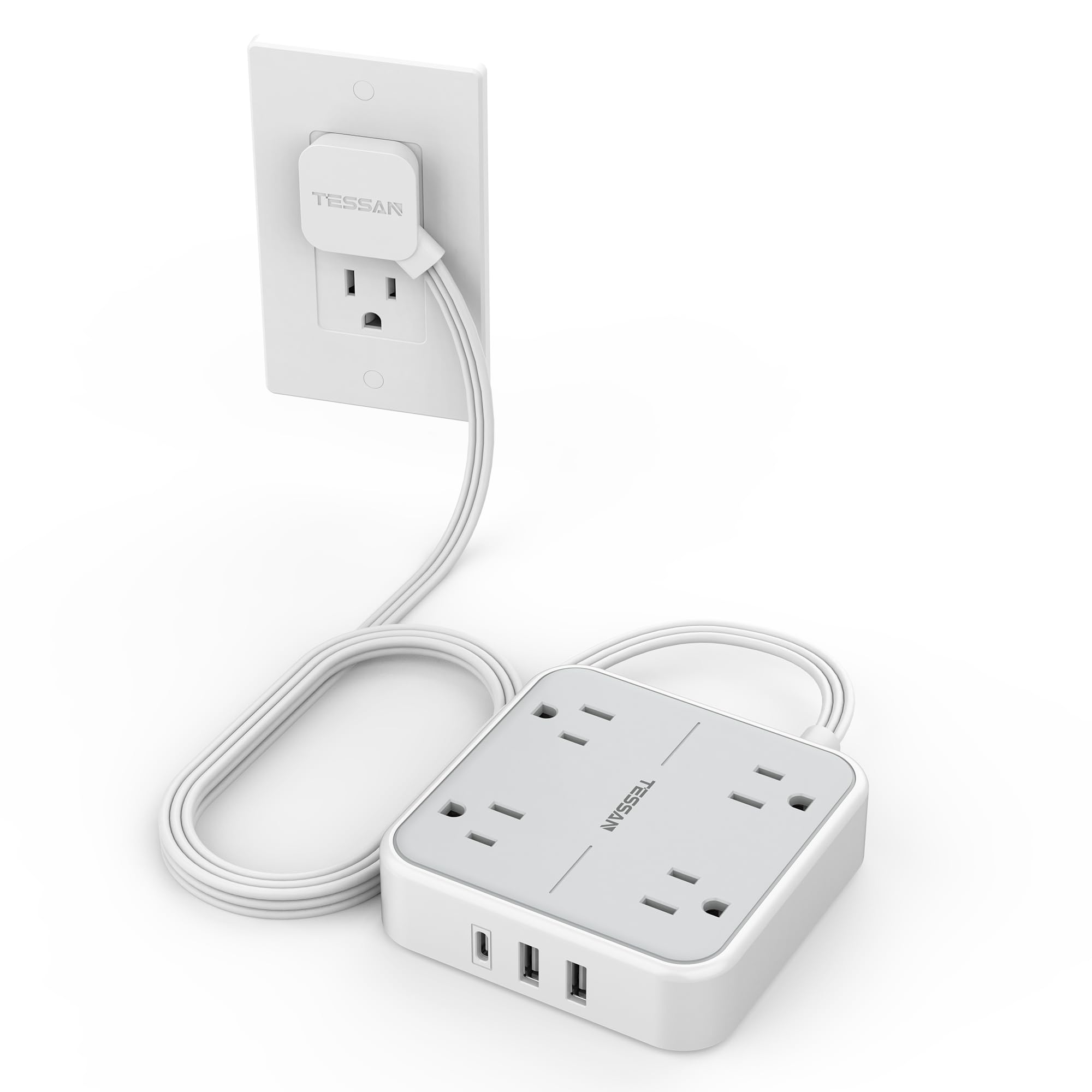 Photo 1 of Flat Plug Surge Protector Power Strip, TESSAN 5 ft Ultra Thin Extension Cord with 3 USB Wall Charger(1 USB C Port), 4 Outlets Slim Desk Charging Station for Travel, Office, Dorm Room Essentials