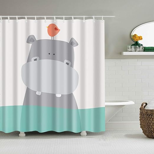 Amazon Com Moorfowl Cartoon Hippo Shower Curtain One Pink Bird On