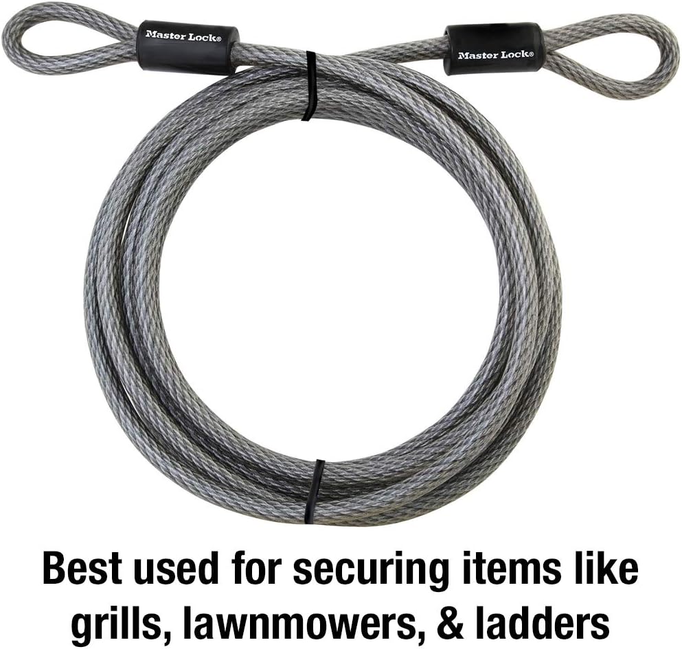 Master Lock Cable, Steel Cable With Looped Ends, 72DPF, Black, 15' x 3/8" Diameter - Security Cable - 