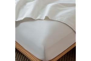 MooMee Fitted Bottom Sheet Only 100% Washed Cotton Linen Like Textured Breathable Durable Soft Comfy Deep Pocket Fits Mattress up to 17" (Off White, Queen)