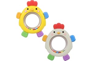 WALULAN Sensory Toys for Babies, 2 Pack Baby Teething Rings Toys for 0-3 3 6-12 Months Baby Rattle Teether Silicone Teether R
