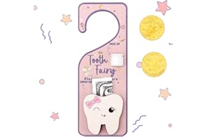 WALLFID 2-in-1 Design Tooth Fairy Door Hanger,Tooth Design Tooth Fairy Tooth Holder with Gift Compartment,Tooth Fairy Gifts Including Tooth Fairy Coins,Ideal for Celebrating Lost Teeth (Pink)
