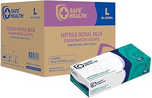 SafeHealth - Blue Nitrile Exam Gloves, Case of 1000, 3.5 Mil, Large, Powder/Latex-Free, Finger Textured, Disposable, Medical Grade, Food, Tattooed, General Use