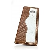 Western Stakes Men’s Long Leather Wallet – Hand Tooled Basketweave Bifold with Cowboy Praying Concho and Hair-On Cowhide – Rodeo Checkbook Wallet for Faith-Based Western Gifts