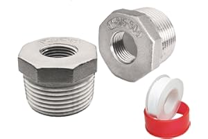 POTONZ 1" Male to 3/8" Female NPT Threaded Reducer Hex Bushing 304 Stainless Steel Reducing Adapter Pipe Fitting With Teflon Plumbers Tape(Pack of 2)