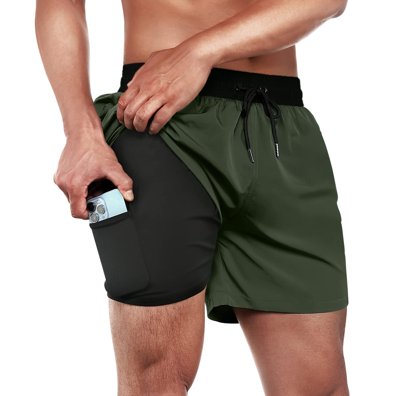 BRISIRA Mens Swim Trunks Swim Shorts Quick Dry 5 inch Inseam Beach Shorts with Compression Liner and Zipper Pocket Image