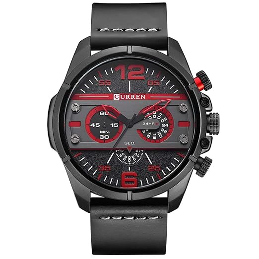 Curren Business Casual Full Black Leather Watch with Decorative Sub-Dials for Men and Boys