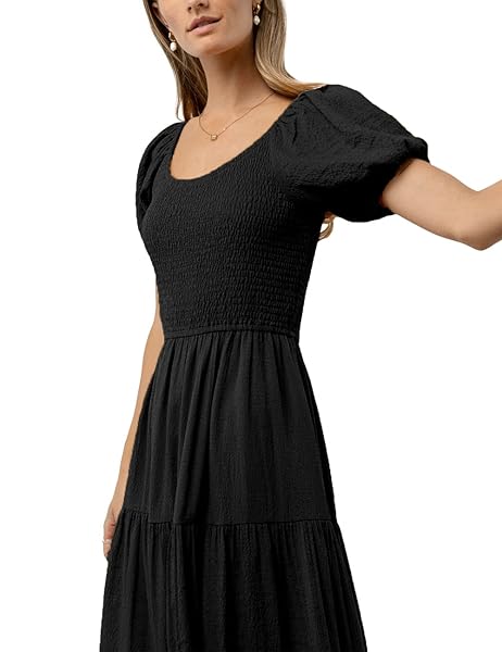 RNTMR SUMMER BOHO SMOCKED MIDI DRESSES FOR WOMEN 2023 CASUAL PUFF SHORT SLEEVE CREW NECK A LINE TIERED GRADUATION DRESS BLACK