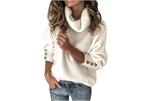 Ymosrh Women's Sweaters for Winter Turtleneck Pullover Button Long Sleeve Loose Knitted Sweater Tops