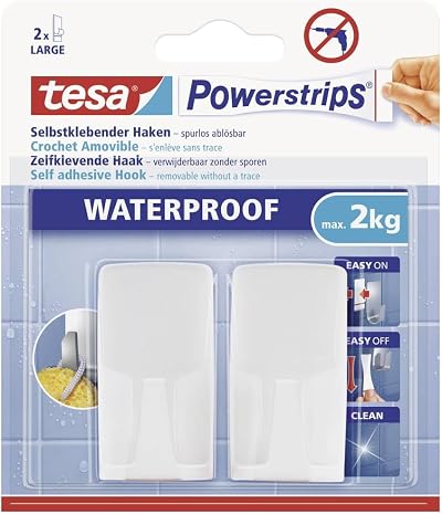 tesa UK Powerstrips Waterproof Hook White Removable Adhesive for Wet Areas Up