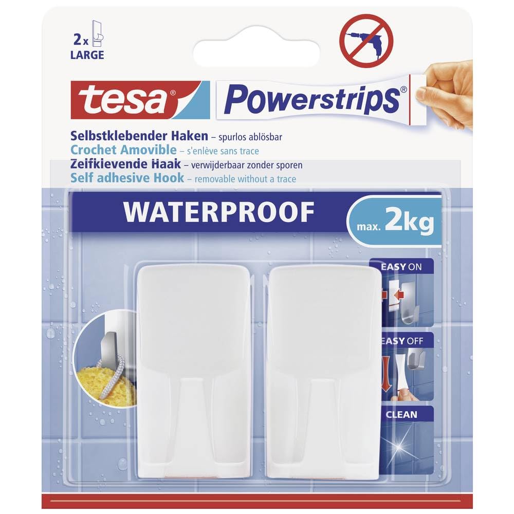 tesa UK Powerstrips Waterproof Hook with Removable Adhesive Strips - White, Single size