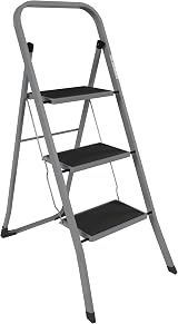 Home Vida 3 Step Ladder Heavy Duty Steel Grey Folding 150kg Max Load
