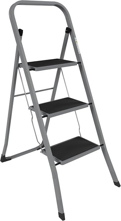 Home Vida 3 Step Ladder Heavy Duty Steel Grey Folding 150kg Max Load