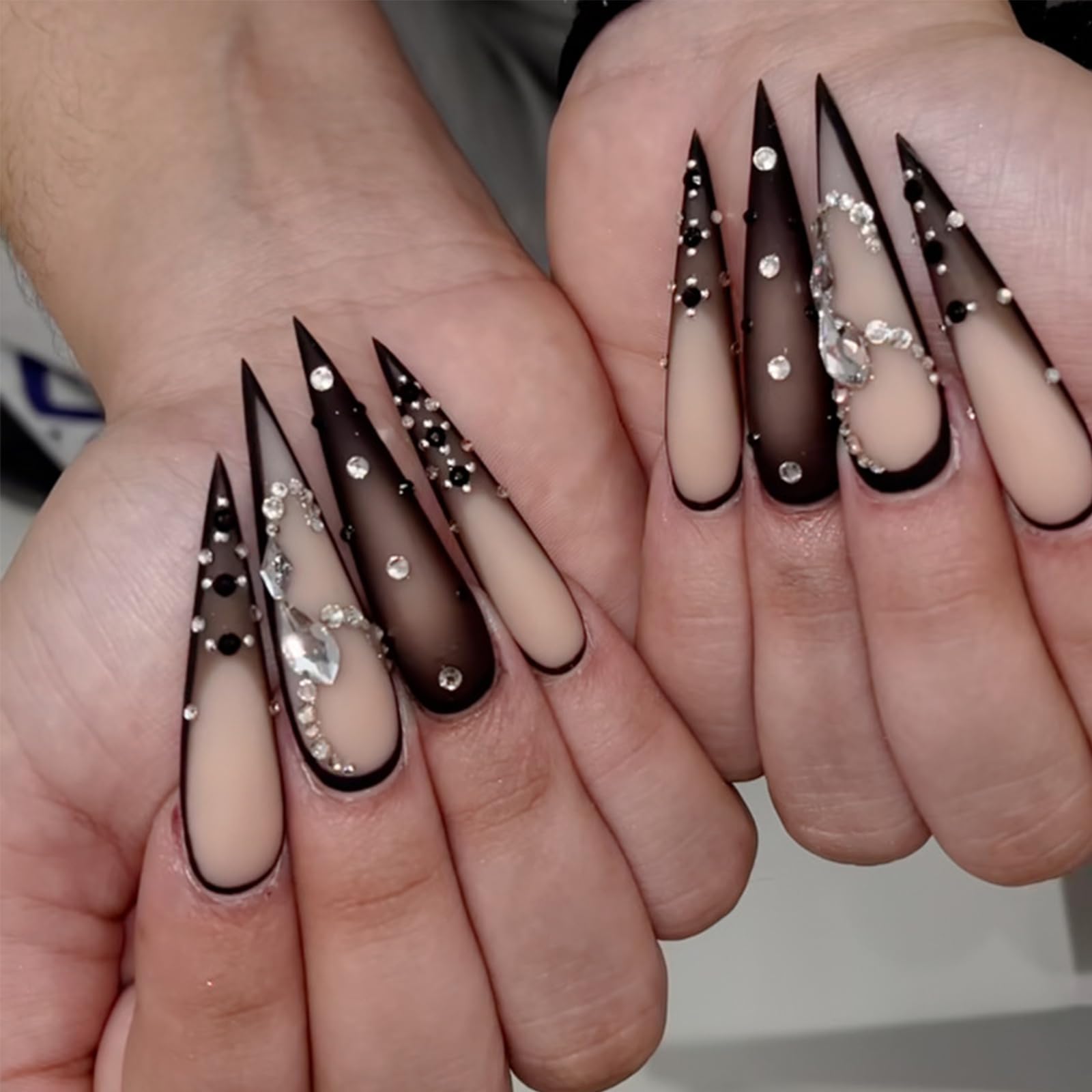 Brown Luxury Press On Nails - Long Stiletto Pointed Fake Nails with French Tips, Rhinestones, Sharp Goth Black Ombre Acrylic Designs, Glossy Glue On Nails for Women - 24Pcs - Image 3