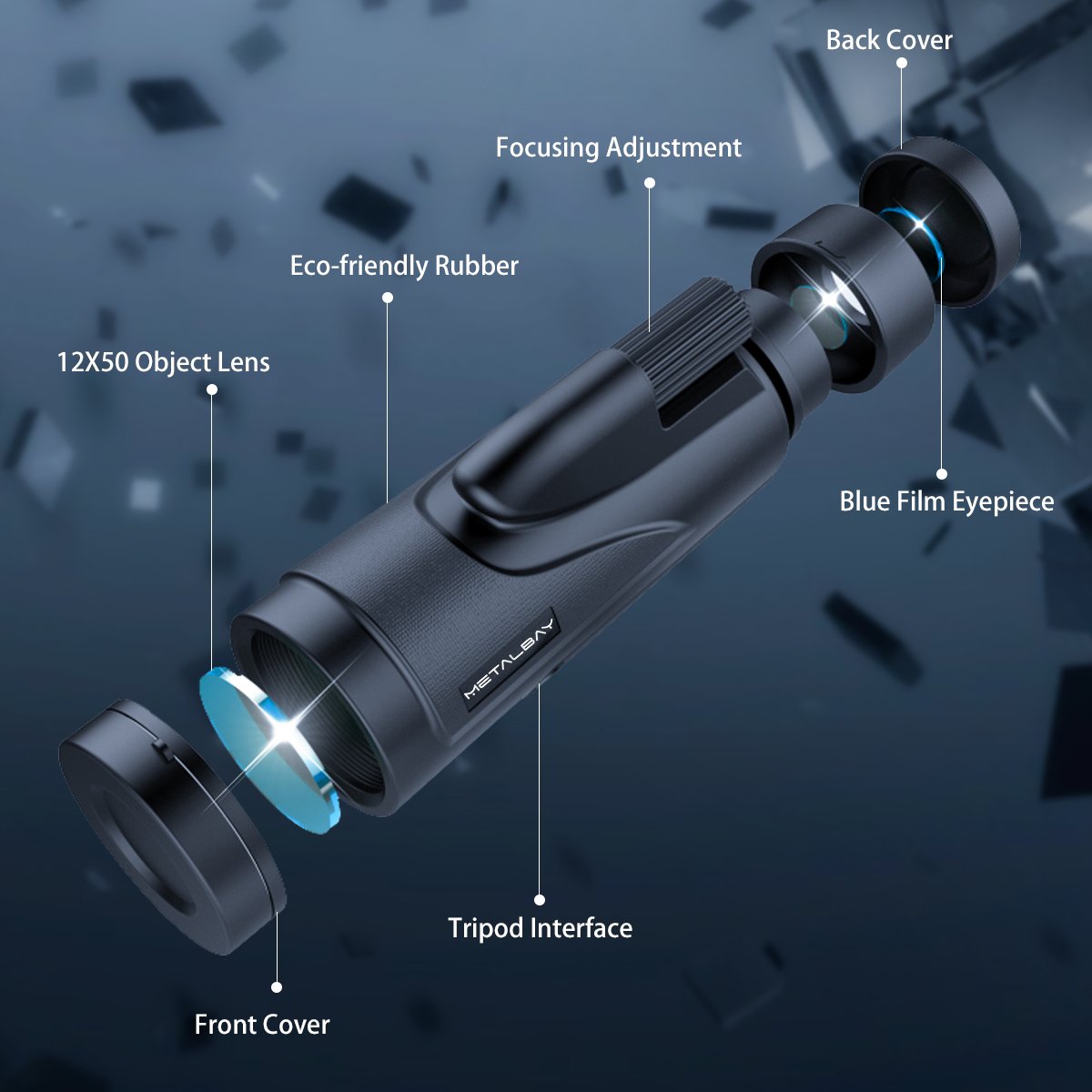 Metalbay High Power Monocular Telescope 12×50 Waterproof Monocular Scope with Tripod Smartphone Holder, HD Wide Angle BAK7 Prism Scope, Low Light Night Vision for Bird Watching Hunting Hiking Outdoor