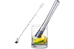 Techson Cocktail Muddler, 304 Stainless Steel Muddler Bar Tool and Mixing Spoon Set, Break Iceand Mix Mint Lemon Drinks Fruit