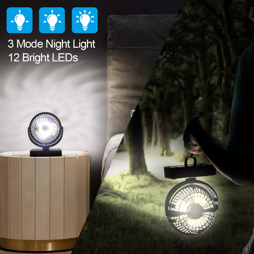 Amacool Portable Battery Camping Fan with LED Lantern - Rechargeable 5000mAh Battery Operated USB Desk Fan Kit with Hanging Hook for Tent Car RV Hurricane Emergency Outages: Sports & Outdoors
