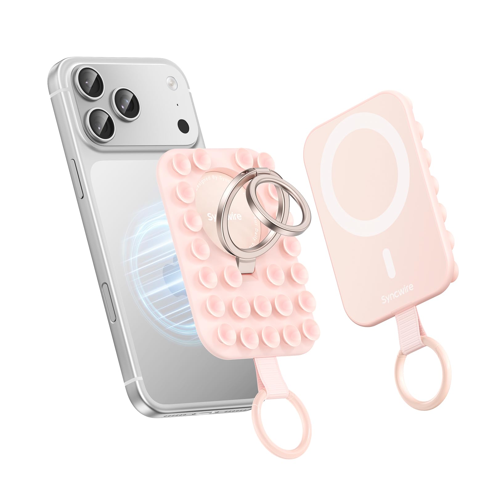 Syncwire Magnetic Phone Grip MagSafe Compatible Phone Ring Holder with Silicone Suction Cup Dual Ring Phone Stand for Mirror Selfie Video Recording Hands Free Use,Blush Pink