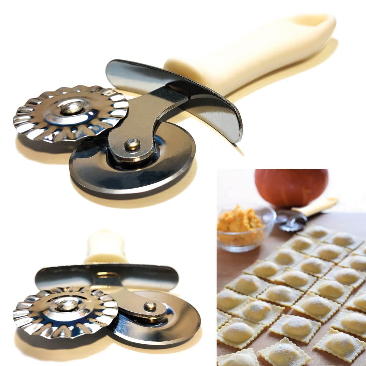 Worldtrade Stainless Steel Cutter with Ergonomic Handle, Smooth and Toothed Bilama Pasta Cutter for Hand
