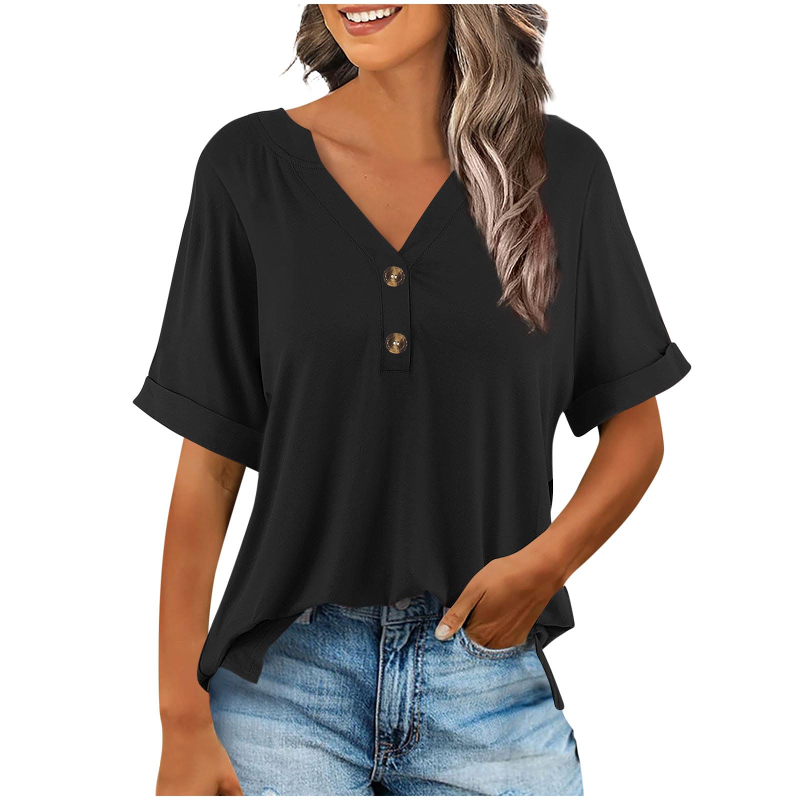 Sales Clearance Today Deals Prime 2025 Day Women's Tops Summer Trendy 2025 Dressy Casual Bloues Loose Fit Half Sleeve V Neck Tshirts Shirts Black L