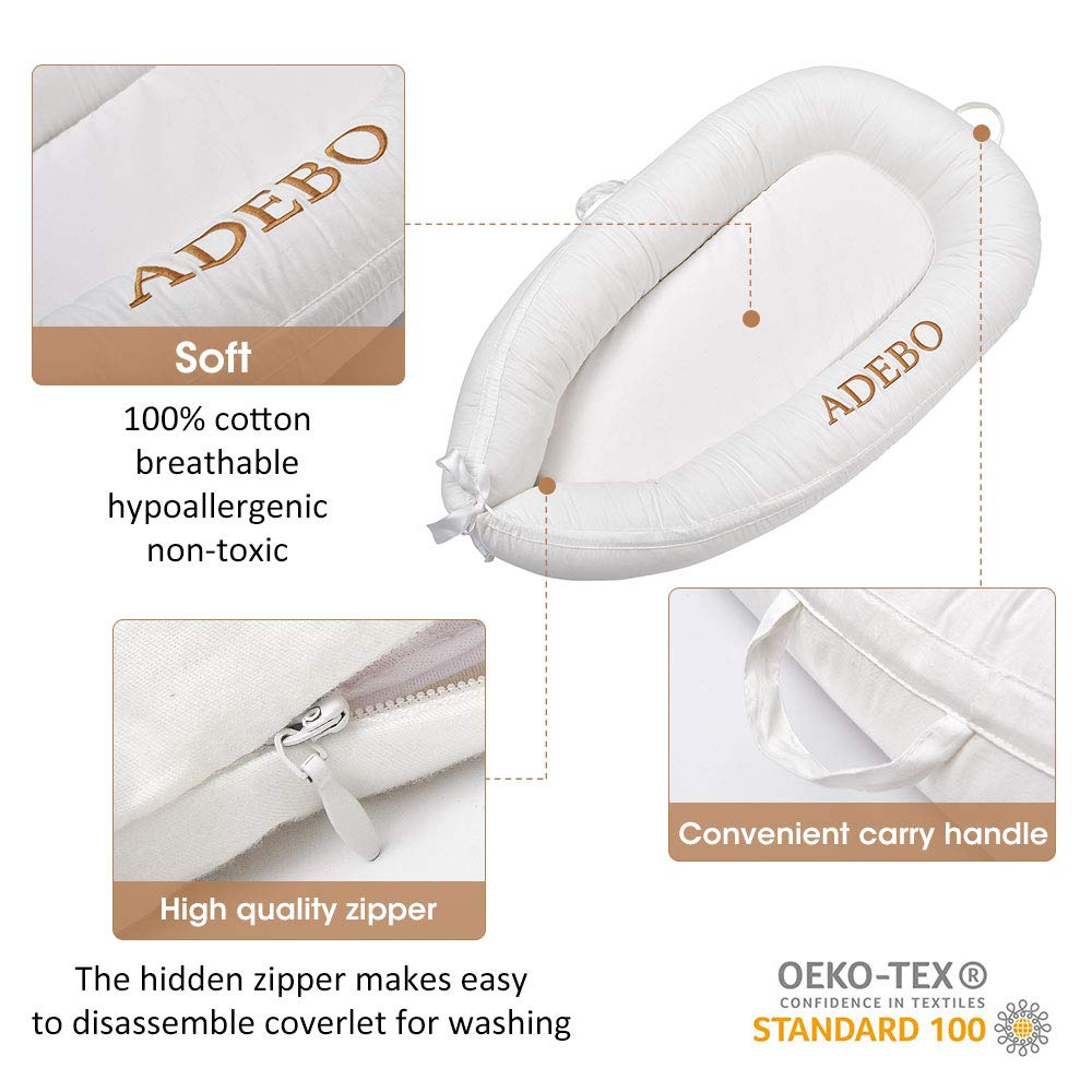 Adebo Premium Baby Nest(Infant White)-Portable Infant Lounger Bassinet, Perfect for Co-Sleeping -Super Soft & Breathable and 100% Cotton Newborn Crib-Suitable from 0-12 Months: Baby