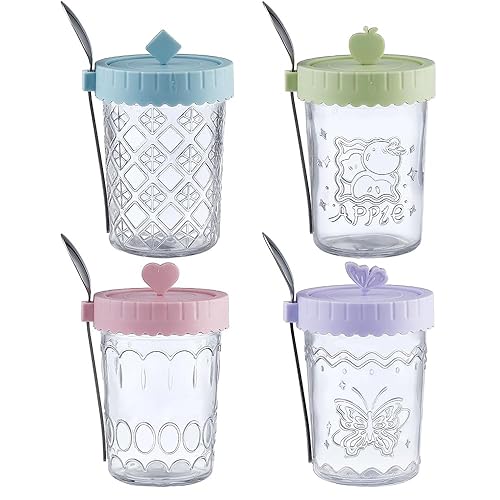 B.GUBOBOYA 20 OZ Overnight Oats Containers With Lids and Spoons, 4-Pack Glass Mason Overnight Oats Jars, Wide Mouth Mason Jars,Glass Meal Prep Salad Cereal Storage (4 colour)