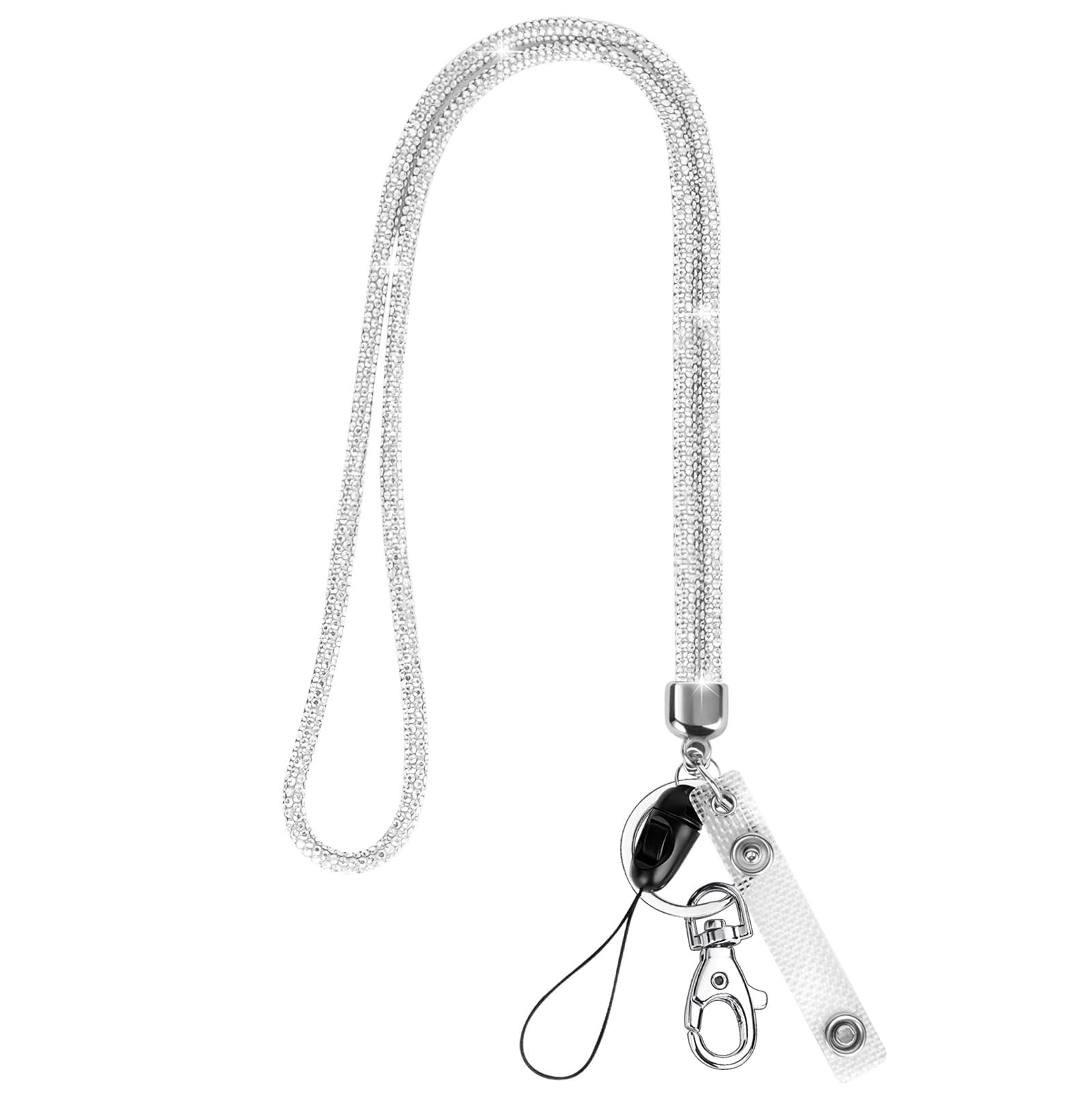 OFFCUP Lanyard Neck Strap, Crystal Lanyard, Badge Lanyards Keyring with Lobster Clasp Detachable Lanyards Bling Retractable ID Badge Holder for ID Badge Holder Keys Phone (Silver)