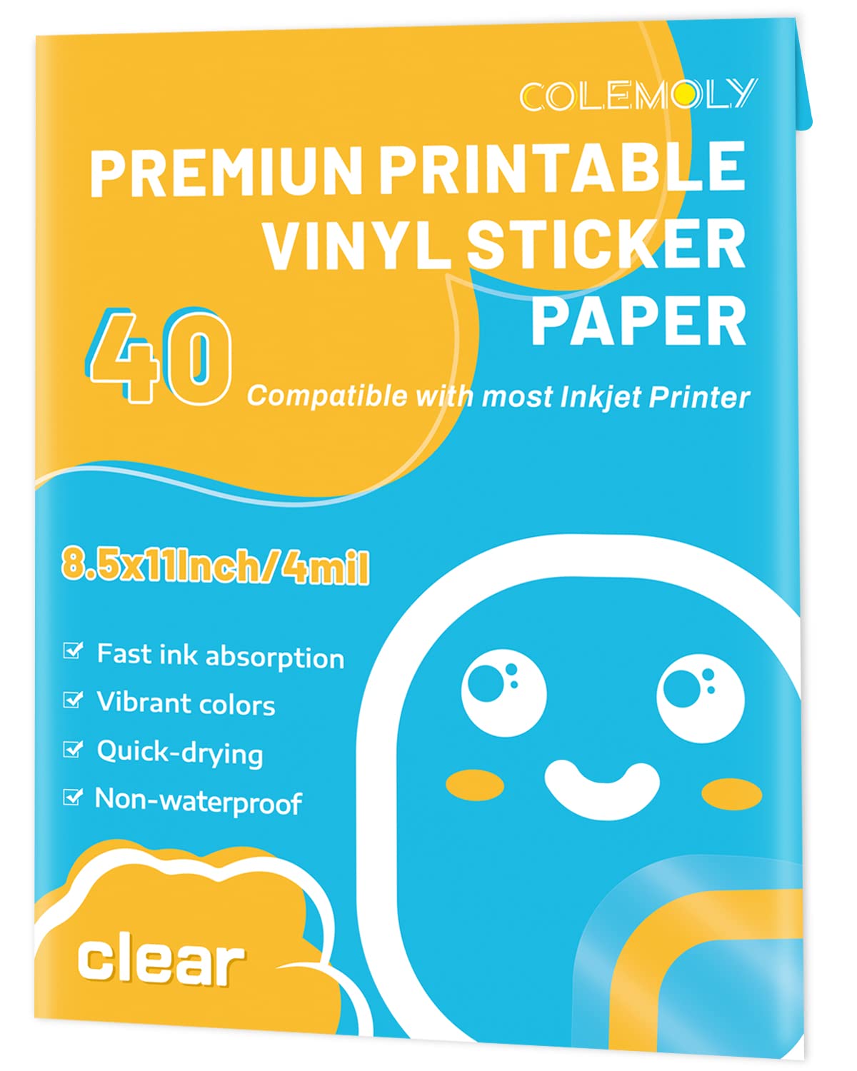 Photo 1 of Colemoly Printable Vinyl Clear Sticker Paper for Inkjet Printer-40 Transparent Dry-Quick Sheets of 8.5’’x11’’ Self-Adhesive Decals and Labels Non-Waterproof Papers Tear Resistance Bright Color for DIY