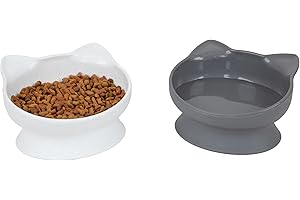 Kitty City Elevated Cat Bowls (Set of 2), Whisker-Friendly Raised Cat Food & Water Dishes, Modern Pedestal Design, Dishwasher Safe, 10.8 oz Each – White & Gray