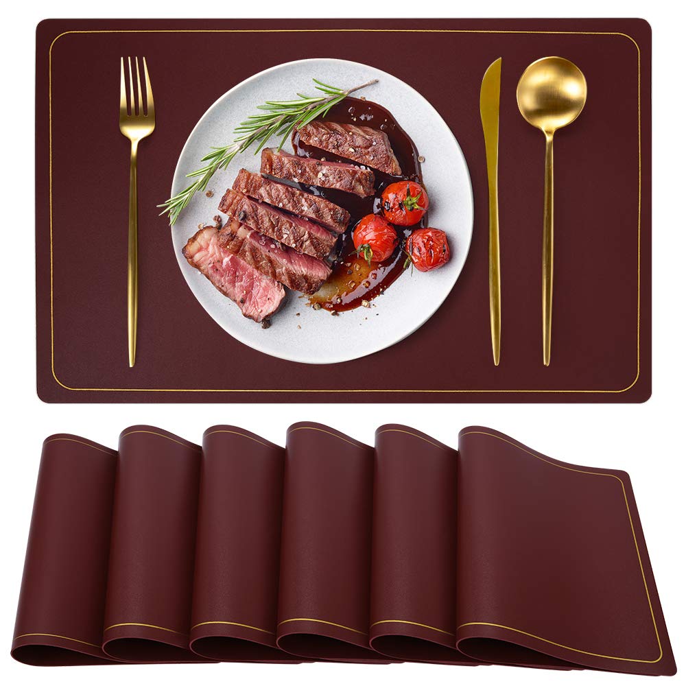 Leather Placemats, Wine Red Placemats for Dining Table Set of 6, Wipeable Waterproof Washable Placemats, Dark Red Patriotic Table Mats, Rectangle Indoor Outdoor Place Mats for Home Kitchen by WEHVKEI