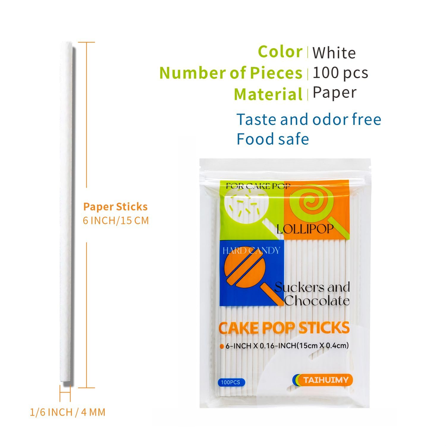 100 Count 6 INCH White Paper Lollipop Sticks,Cake Pop Sticks,Sucker Sticks for Cookies,Rainbow Candy,Chocolate,Cake Topper(Dia 4mm)