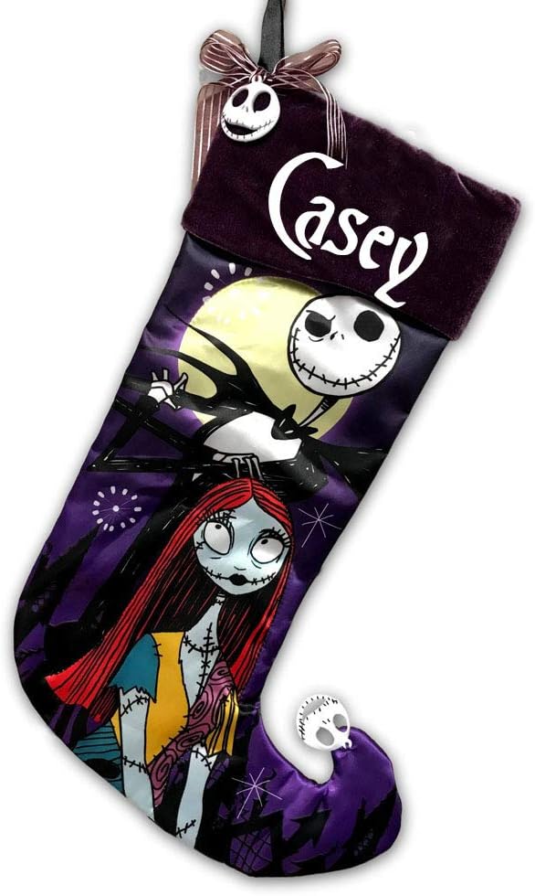 Stockings & Holders - Personalized Officially Licensed Disney Tim Burton's The Nightmare Before Christmas 25th Anniversary Edition Hanging Christmas Stocking Decoration Featuring Jack Skellington and Sally with Custom Name