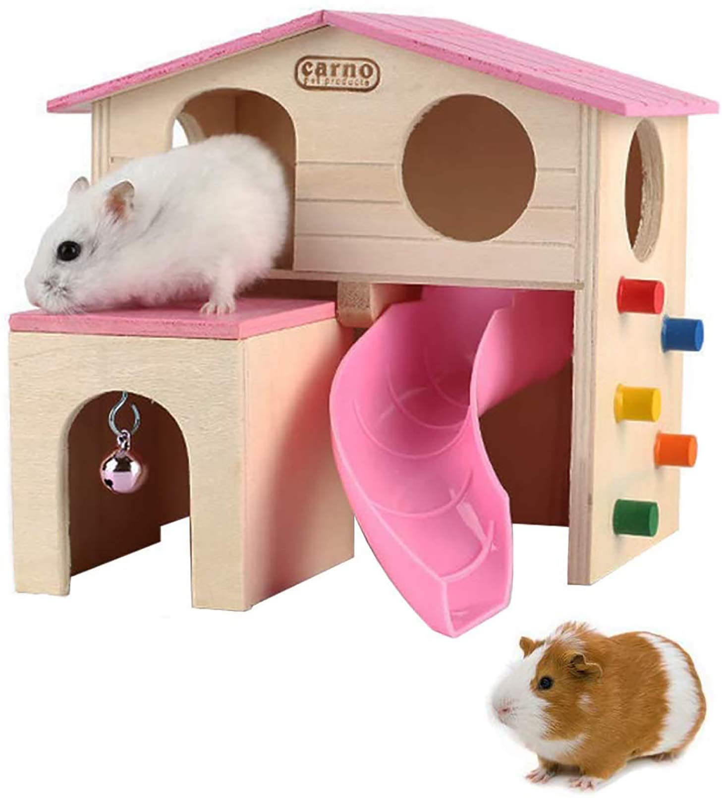 Wooden Hamster House Small Animal Hideout Climbing Ladder Slide Hut Play for Chipmunk Mouse Rat Hedgehog (Pink)