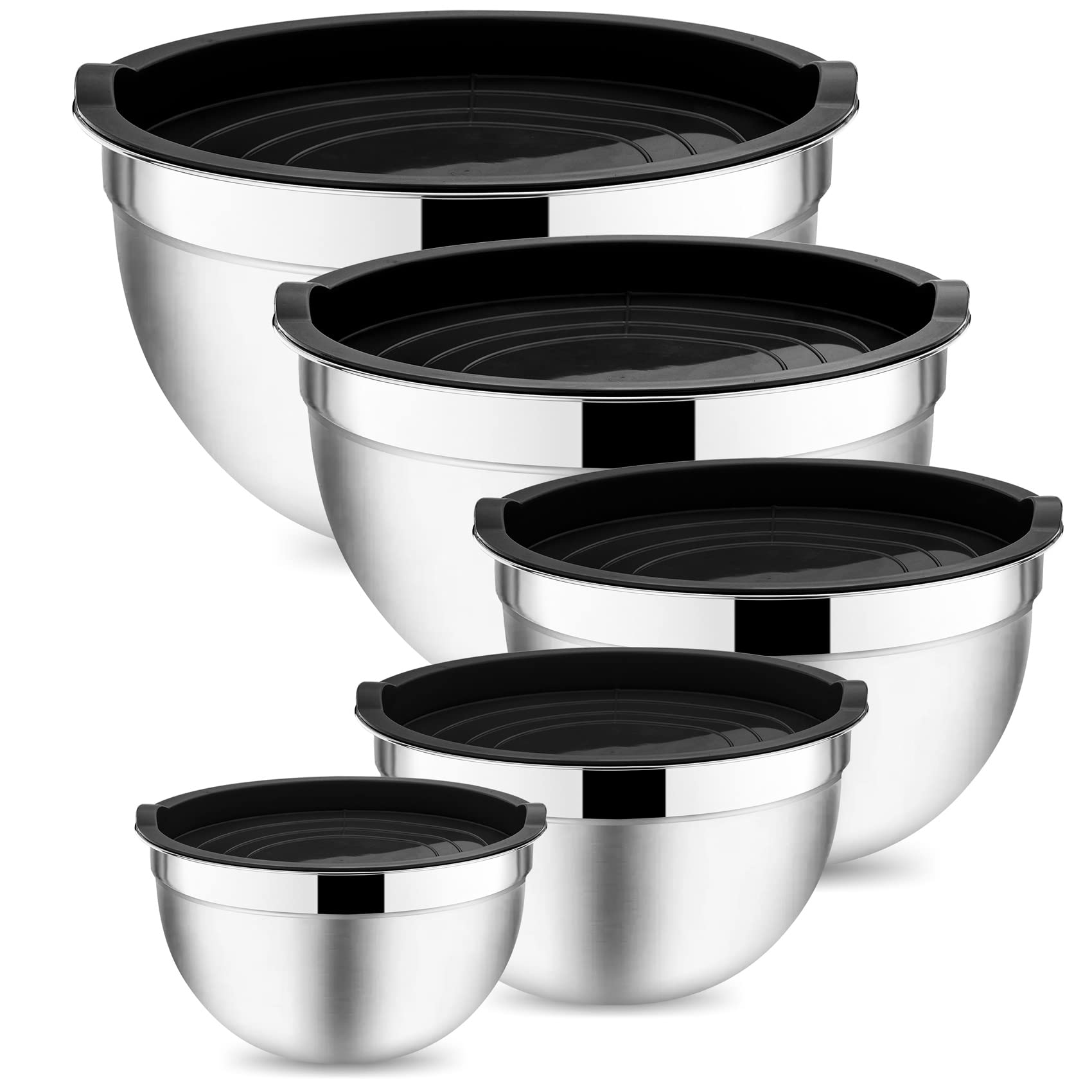 Onader Mixing Bowl, Stainless Steel Salad Nesting Bowl with Airtight Lids, 5-Piece Metal Bowls Ideal for Kitchen Baking Serving Prepping, Dishwasher Safe, Size 0.7/1.2/1.6/2.8/4.6QT (Black)