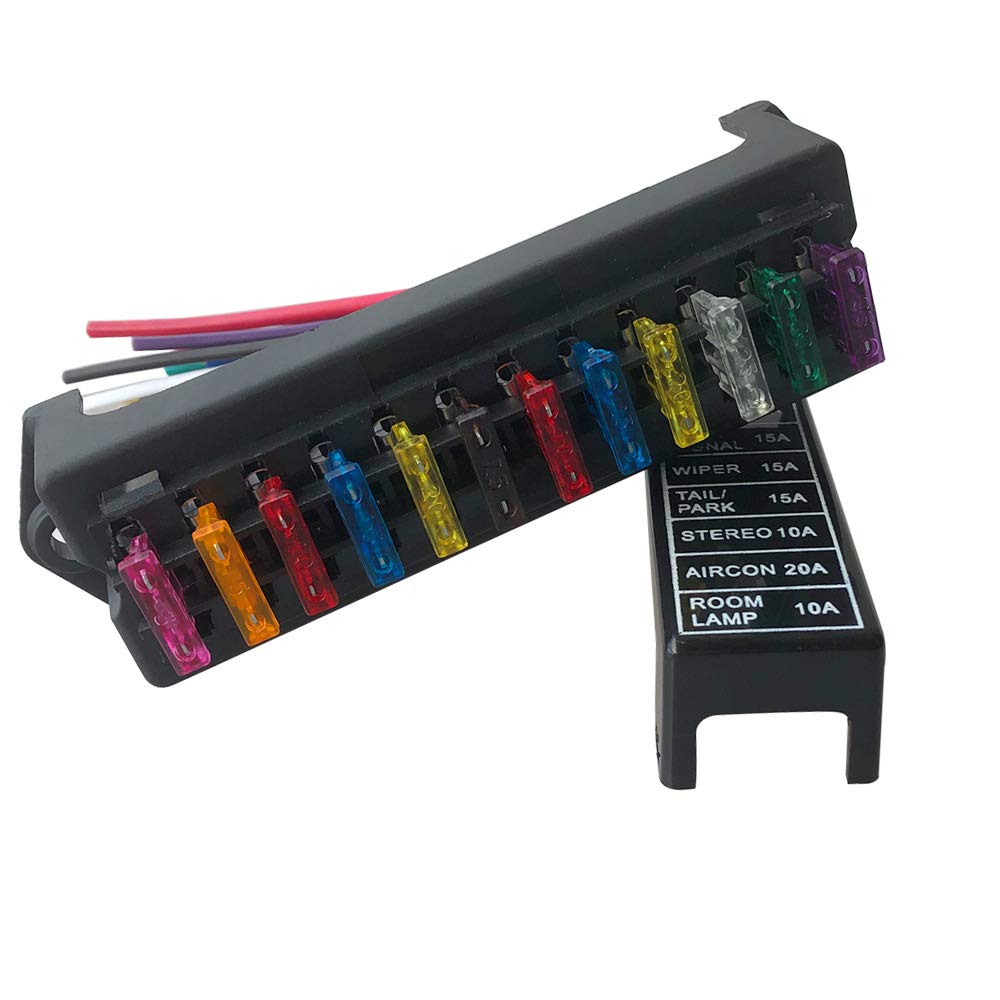 QitinDasen Premium 12 Way Car Blade Fuse Block Box, 2 Input 12 Output Standard Holder, with Wire and 10Pcs Free Standard Fuse, for Car Boat Marine Trike (12V / 24V / 32V / 48V)