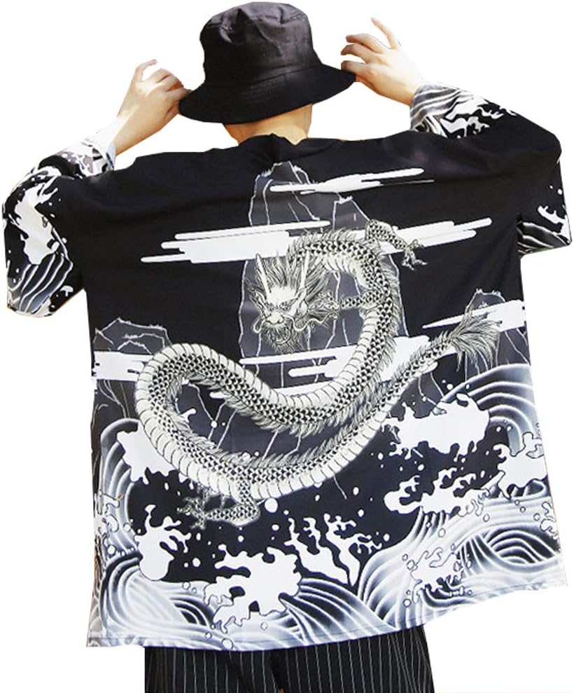 Men's Japanese Kimono Cardigan Casual Dragon Pattern Yukata Open Front Coat
