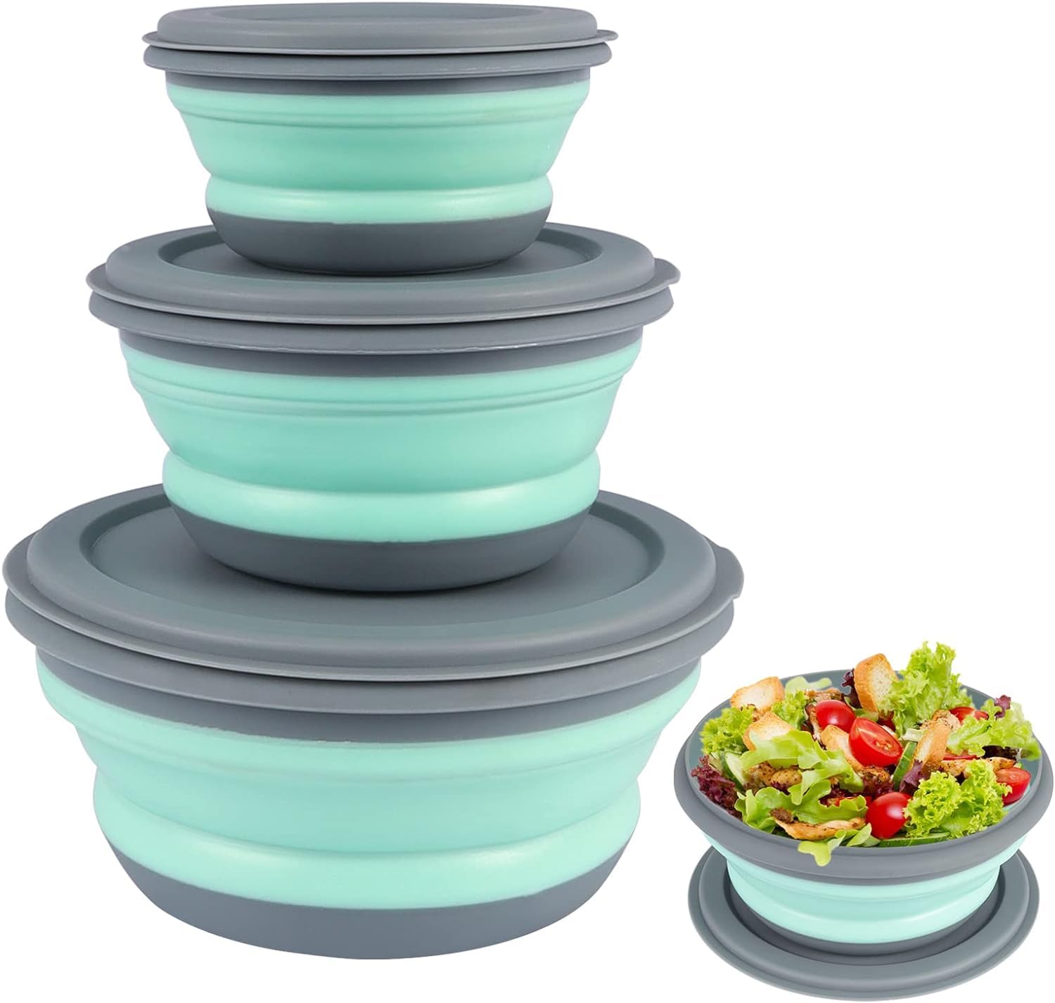 Kedisec Set of 3 Collapsible Silicone Bowl with Lid – Portable Lunch Box for Picnic, Camping, Outdoors (300 ml+600 ml+900 ml) (Green)