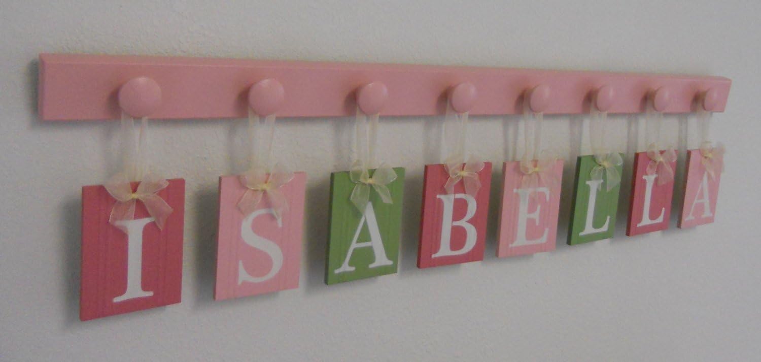 Baby Name Letters Hanging Sign Set Includes Wood Peg Holder Painted in Light Pink with Pinks and Green Name Blocks, Baby Name Blocks, Hanging Name Blocks