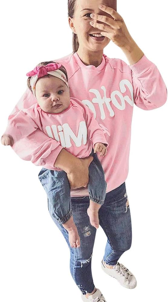 Family Matching Clothes, Mom＆Me Baby Kid Girls Boys Love Milk Clffee Printed Long Sleeve Sweatshirt Tops Family Clothes, Women Baby Kids Autumn Winter Casual Blouse Shirts