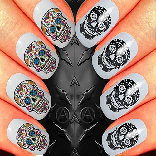 Nail Art waterslide decal design set - Black Sugar Skull & Colourful Sugar Skull double pack