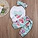 Newborn Baby Girls Floral Heart Peach Print Romper Long Pants With Bowknot Headband Outfit Set (0-6 Months), Blue